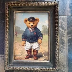 Handmade Polo Ralph Lauren Vibe Vintage inspired Bear print 14x18”VTG wood frame